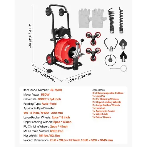 VEVOR Rohrreinigungsmaschine φ19 mm x 30 m, Reinigungsspirale mit Automatischer Zufuhr, Mehrradkombination, 6 Schneidwerkzeugen & Pneumatischem Fußschalter für Rohrdurchmesser von 100 bis 200 mm – Bild 6