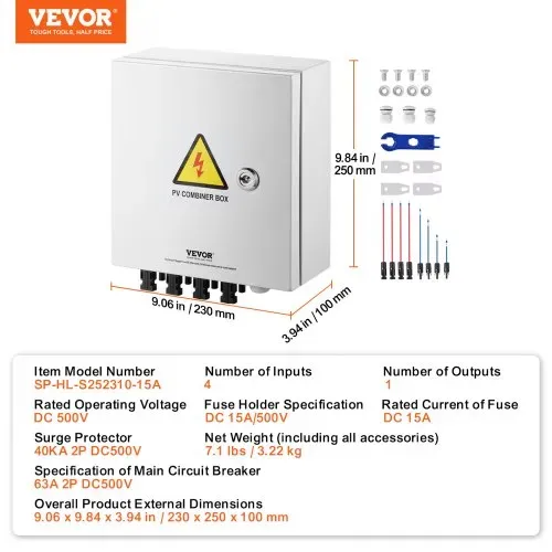 VEVOR PV-Combiner-Box, 4-String, Solar-Combiner-Box mit 15 A Nennstromsicherung, 63 A Leistungsschalter, Blitzableiter und Solaranschluss, Stahlgehäuse für On-/Off-Grid-Solarpanelsystem, IP65 – Bild 6