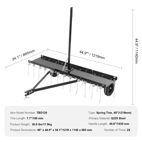 VEVOR Vertikutierer, 1219 mm Vertikutierer mit 24 Federstahlzinken, Rasenvertikutierer für ATV oder Mäher, Rasenrechen mit Hebebügel für den Garten, Bauernhof, Gras – Bild 6
