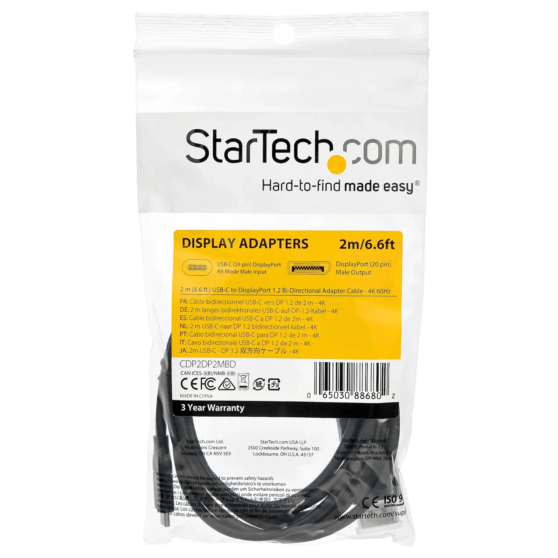 StarTech.com 2m USB-C auf DisplayPort 1.2 Kabel 4K 60Hz - Bidirektionales DP zu USB-C oder USB-C zu DP reversibles Videoadapterkabel - HBR2/HDR - USB Typ C/TB3 Monitorkabel – Bild 5