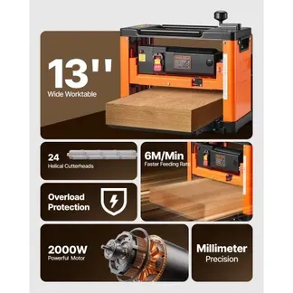VEVOR Dickenhobel, 330 mm breiter Arbeitstisch, Hobelmaschine für die Holzbearbeitung, Spiralmesserkopf mit 24 Einsätzen, 2000-W-Motor mit 23.500 U/min, Einzelgeschwindigkeit, für Hart- & Weichholz VEVOR Dickenhobel, 330 mm breiter Arbeitstisch, Hobelmaschine für die Holzbearbeitung, Spiralmesserkopf mit 24 Einsätzen, 2000-W-Motor mit 23.500 U/min, Einzelgeschwindigkeit, für Hart- & Weichholz