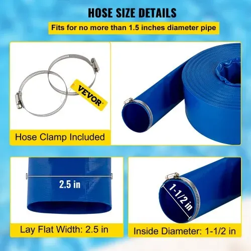 VEVOR Abflussschlauch, 38 mm x 32 m,, PVC-Gewebe-Flachschlauch, robuster Rückspül-Ablaufschlauch mit Klemmen, wetterfest und platzsicher, ideal für Schwimmbad und Wassertransfer, blau – Bild 3