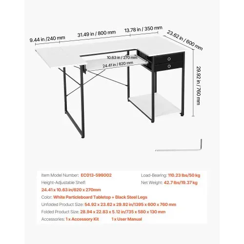 VEVOR Nähtisch Nähmaschinentisch mit klappbarer Tischplatte & verstellbarer Ablage & Stahlbeinen & Schublade, Mehrzwecktisch Computertisch für Zuhause Modestudio Kunststudio Bildungseinrichtung – Bild 6
