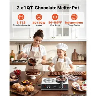 VEVOR Schokoladenschmelzmaschine 2 x 1-Liter-Töpfe Schokoladenschmelztopf für Familienfeiern Feste und Hausgemachte Desserts, mit Separater Temperaturregelung, PTC-Heizung und Antihaftbeschichtung VEVOR Schokoladenschmelzmaschine 2 x 1-Liter-Töpfe Schokoladenschmelztopf für Familienfeiern Feste und Hausgemachte Desserts, mit Separater Temperaturregelung, PTC-Heizung und Antihaftbeschichtung