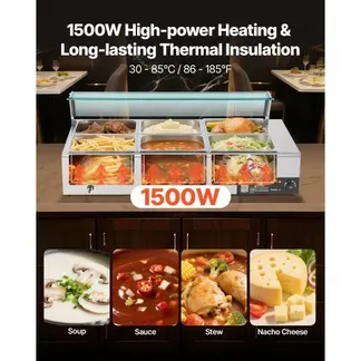VEVOR kommerzieller Speisenwärmer (6 x 1/2 Größe Behälter), 1,5 kW elektrischer Wärmebehälter aus Edelstahl mit Glasabdeckung & Suppenkelle, Chafing Dishes für Catering Restaurant Party VEVOR kommerzieller Speisenwärmer (6 x 1/2 Größe Behälter), 1,5 kW elektrischer Wärmebehälter aus Edelstahl mit Glasabdeckung & Suppenkelle, Chafing Dishes für Catering Restaurant Party