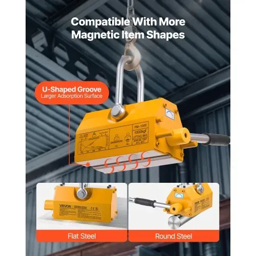 VEVOR Lasthebemagnet Permanentmagnetheber 1000 kg Zugkraft Hebemagnet mit Entriegelungsgriff & Stahlhaken, verwendet in Werkstattkränen und Hebezeugen, zum Heben von Stahlplatten, Brettern – Bild 5