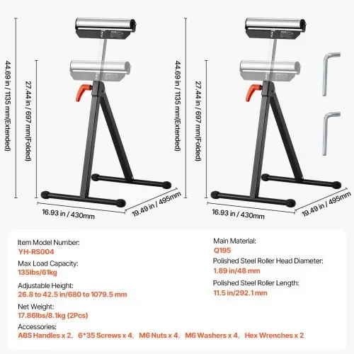 VEVOR 2er-Set Rollenbock, 61 kg Tragkraft, höhenverstellbar 68-108 cm,kappbarer Rollenständer mit 292,1 mm poliertem Stahlrollenkopf, Arbeitsbock für Tischkreissägen-Auslauf, Verlängerungsstütze – Bild 6