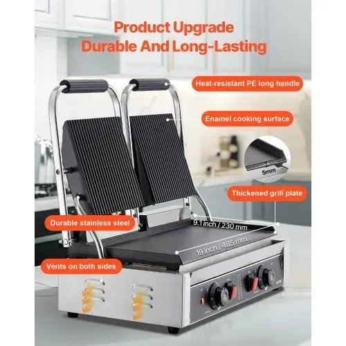 VEVOR kommerzieller Panini-Grill Kontaktgrill 3600 W für Sandwiches Steak Bacon Hamburger, Sandwichmaker Pressgrill aus Edelstahl mit Griff & Temperaturregelung & 48 x 23 cm Heizplatte, Paninipresse – Bild 2