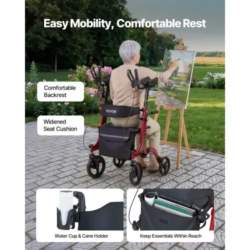 VEVOR Rollator Faltbar mit Sitz, Leichtgewicht Gehwagen mit 4 PVC Reifen, Gehhilfe bis 136 kg mit Rückenlehne Tasche Gehstockhalter, Höheverstellbare Laufhilfe mit Feststellfunktion für Senioren, Rot – Bild 5