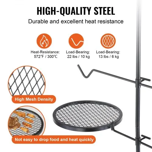 VEVOR Drehspieß Schwenkgrill Stahl 360 x 360 mm, Holzkohlegrill Doppelte Schichten Grillrost Grillgestell 6 kg Belastbarkeit 300 ℃ Freistehend Spießbratengrill BBQ Grill Grillwagen Barbecue Outdoor – Bild 2