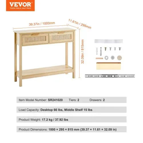 VEVOR Rattan-Konsolentisch mit 2 Schubladen, Rattan-Eingangstisch mit natürlicher Rattan-Schiebetür, Konsolen-Sofatisch für Wohnzimmer, Arbeitszimmer, Eingangsbereich oder Fernsehwand, Natur – Bild 6