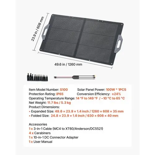 VEVOR Faltbares Solarpanel 100 W, Tragbares Solarladegerät 24% Hocheffizienz, Monokristallines Solarmodul mit MC4-Ausgang, USB-A-, Typ-C- & DC-Anschlüssen, IP65, für Powerstations, Camping, Wandern – Bild 6