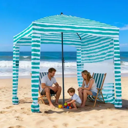 VEVOR Strand-Cabana 183 x 183 cm Strandüberdachung mit Seitenwand, UPF 50+ Sonnenschutz, Strandpavillon mit Sandsäcken, tragbarer Sonnenschutz Sonnenschirm für Familie, grüne Streifen – Bild 7