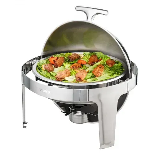 VEVOR 2-teiliger Speisenwärmer Wärmebehälter Chafing-Dish-Set Rolldeckel 5,5 L x 2, Rund Edelstahl Wärmebehälter Buffet Set inkl. Kraftstoffhalter & Esszange, für Restaurants, Buffets, Schulen usw. – Bild 9