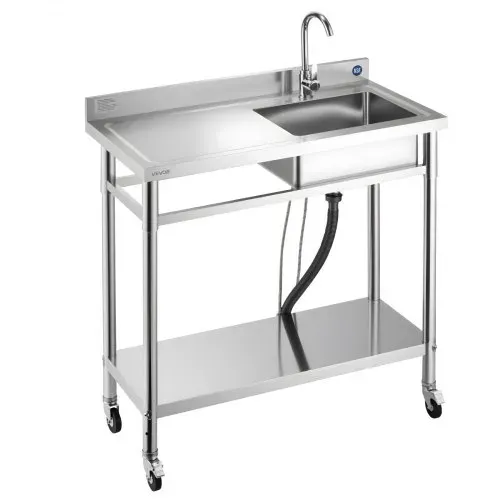 VEVOR Spültisch Spülbecken Edelstahl (1000 x 500 x 1055 mm), Einzelbecken mit Wasserhahn & Rädern, Küchenspüle für Garage Restaurant Wäscherei, Waschtisch Außenspüle mit Arbeitsplatte (links) – Bild 10