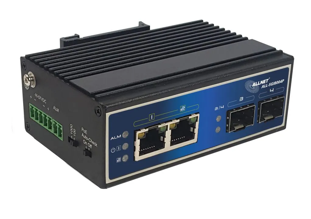ALLNET switch industrial unmanaged Layer2 4 Port GbE • PoE Budget 180W • 2x PoE bt • 2x SFP • Lüfterlos • DIN • ALL-SGI8004P – Bild 2