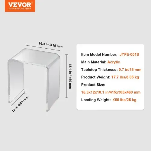 VEVOR Acryl-Beistelltisch 415 x 305 x 460 mm, U-förmiger Acryltisch Beistelltisch, Transparenter Couchtisch für Getränke, Essen, Snacks, Verwendet im Wohnzimmer, Schlafzimmer, Arbeitszimmer usw. – Bild 6