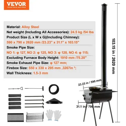 VEVOR Tragbarer Holzofen, Camping-Hot-Zelt-BBQ-Ofen, 300 cm, für den Außenbereich mit Rohren – Bild 6
