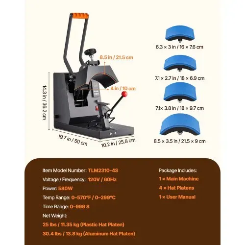 VEVOR Hut-Heizpresse, 4 in 1 Kappen-Wärmepresse, 15,2x7,6 cm Klappschalen-Sublimationsübertragung, LCD-Digital-Timer-Temperaturregelung mit 4 gebogenen Heizelementen (6x3/6,7x2,7/6,7x2,7x2,7 cm) – Bild 6