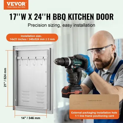VEVOR Grill-Zugangstür, 610 x 431 mm, Einzelne Außenküchentür, Flächenbündig Montierte Edelstahltür, Vertikale Wandtür mit Griff, Lüftungsschlitzen und Haken, für Grillinsel, Grillstation VEVOR Grill-Zugangstür, 610 x 431 mm, Einzelne Außenküchentür, Flächenbündig Montierte Edelstahltür, Vertikale Wandtür mit Griff, Lüftungsschlitzen und Haken, für Grillinsel, Grillstation