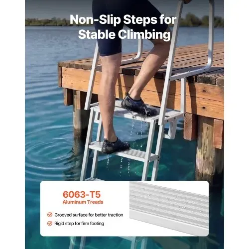 VEVOR Dockleiter Klappbar, Bootsleiter mit 5 Rutschfesten Stufen Breite Pedale & Handlauf, 159kg Belastbare Poolleiter aus Aluminiumlegierung, Einstiegsleiter für Docks Pools Seen Yachten, Silber – Bild 2
