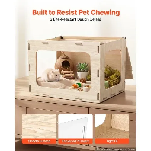VEVOR Hamsterkäfig Nagerkäfig Nagarium Hamstergehege Holz 605x405x405mm, 270°-Sichtfenster Nagersicher mit Deckel Belüftung für Goldhamster Zwerghamster Meerschweinchen Rennmäuse – Bild 2