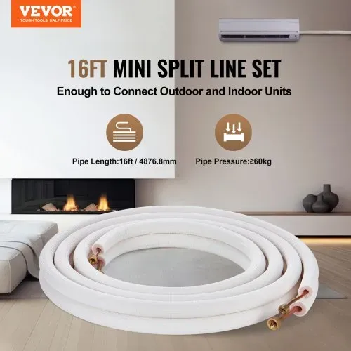 VEVOR 4876,8 mm Mini-Split-Leitungssatz, 6,4 und 9,5 mm Außendurchmesser, Kupferrohre und dreischichtige Isolierung, für Klimaanlagen oder Heizungspumpengeräte und HVAC mit umfangreichem Zubehör VEVOR 4876,8 mm Mini-Split-Leitungssatz, 6,4 und 9,5 mm Außendurchmesser, Kupferrohre und dreischichtige Isolierung, für Klimaanlagen oder Heizungspumpengeräte und HVAC mit umfangreichem Zubehör