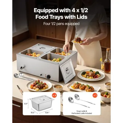 VEVOR kommerzieller Speisenwärmer (4 x 1/2 Größe Behälter), 1,5 kW elektrischer Wärmebehälter aus Edelstahl mit Abdeckung & Suppenkelle, Chafing Dishes für Catering Restaurant Party – Bild 2