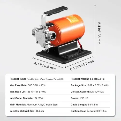 VEVOR Wassertransferpumpe, 12 V DC, 360 GPH, 1/10 PS, tragbare elektrische Mehrzweckpumpe, 1,8 m Saugschlauch, Laufrad, Saugsieb, für Garten, Pool, Teich, Aquariumentwässerung – Bild 6