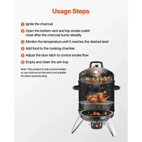 VEVOR Räuchertonne, 40 cm vertikaler Holzkohlegrill, beschichteter Stahlgrill mit 2 Grillrosten, Thermometer, Lüftungsöffnungen & herausnehmbarer Ascheschale, BBQ Räucherofen für Grillpartys – Bild 5