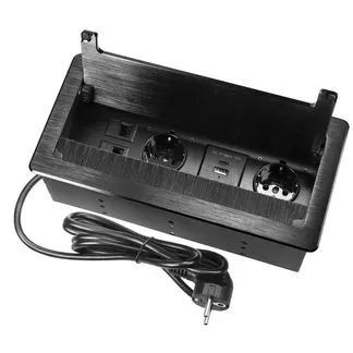 Tisch-Einbausteckdose, 2-fach, 2x USB, 2xRJ45, schwarz, mit Staubschutz, 3600W Tisch-Einbausteckdose, 2-fach, 2x USB, 2xRJ45, schwarz, mit Staubschutz, 3600W