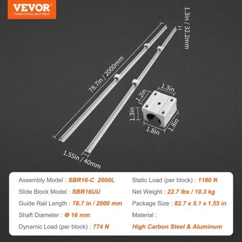 VEVOR Linearführungsschienen-Set, SBR16 200 cm, 2 Stück 200 cm SBR16 Führungsschienen und 4 Stk. SBR16UU Gleitblöcke, Linearschienen und Lagersatz für automatisierte Maschinen, DIY-Projek – Bild 6