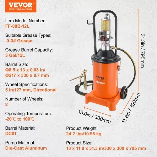 VEVOR Fettpumpe 12L Luftbetriebene Fettpumpe 0,6–0,8 MPa Aluminiumdruckguss-Pumpe -20-100℃ Betriebstemperatur, Pneumatische Fettpumpe NPT-Anschluss Schmierfettpumpe Geeignet für 0-3# Fett – Bild 6