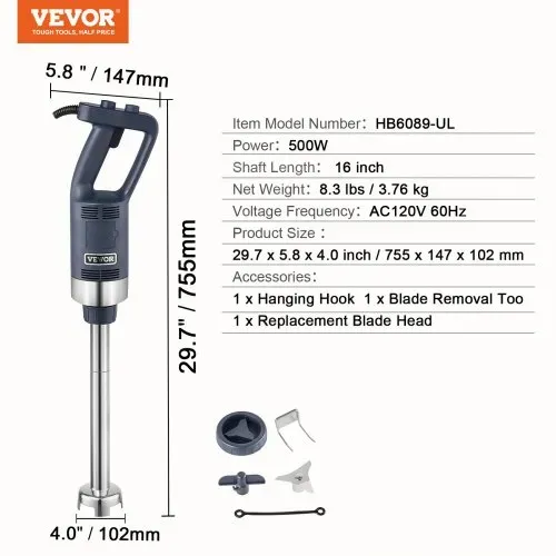 VEVOR Kommerzieller Stabmixer, 500 W Hochleistungs-Handmixer, 16 Zoll stufenloser Mixer mit variabler Geschwindigkeit und Edelstahlklinge, tragbarer Mehrzweckmixer für Suppen, Saucen, Kartoffelpüree, Sahne – Bild 6