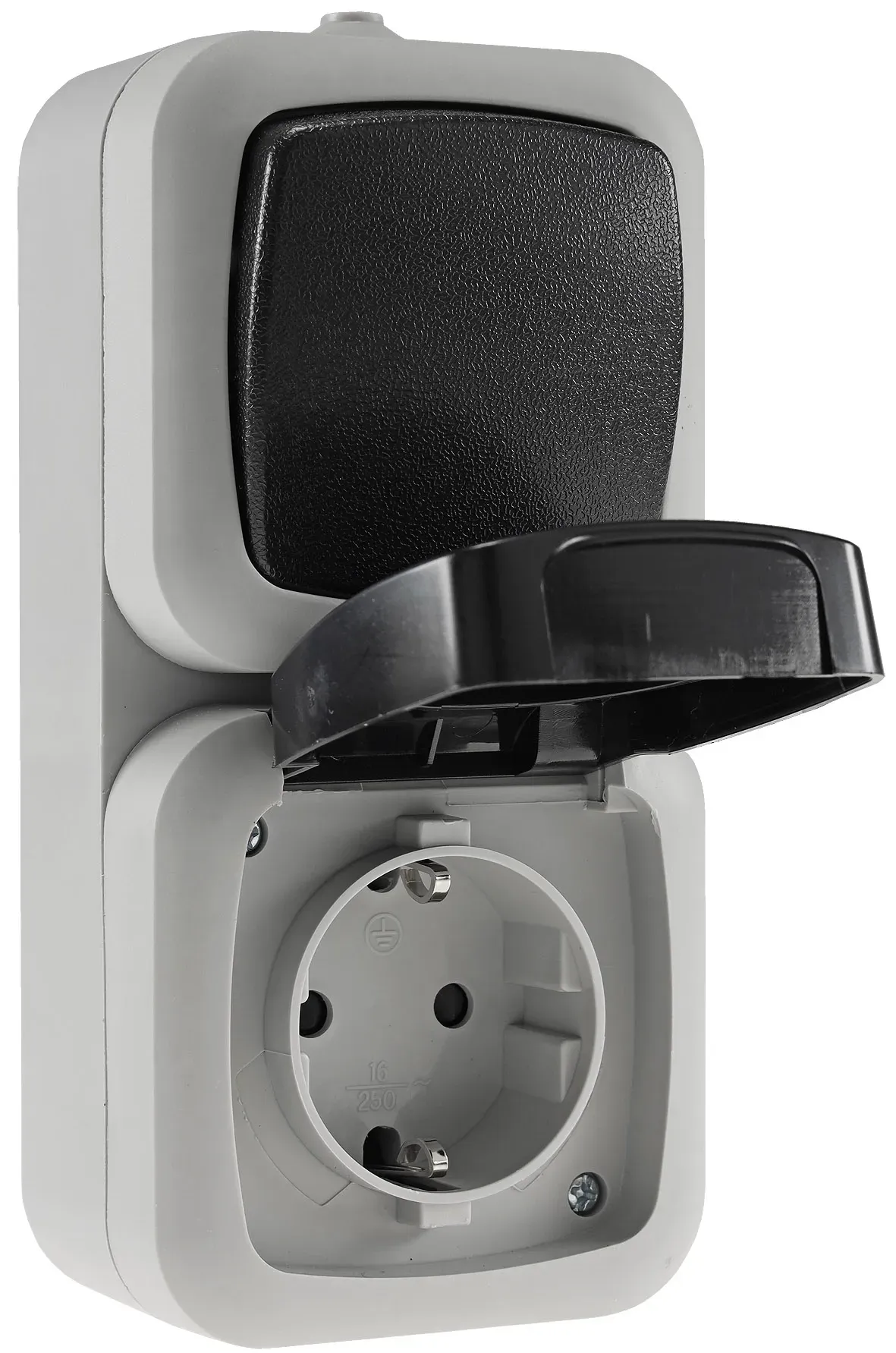 Feuchtraum Kombi-Schalter/Steckdose,IP44 250V~/ 10/16A, grau, AP vertikal Feuchtraum Kombi-Schalter/Steckdose,IP44 250V~/ 10/16A, grau, AP vertikal