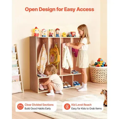 VEVOR Offener Kinderkleiderschrank aus Sperrholz, Kindergarderobe mit 8 Haken & 8 Fächern (4 Groß + 4 Klein), Garderobenregal & Aufbewahrungsregal für Kinderzimmer Zuhause Kindergarten Kita – Bild 2