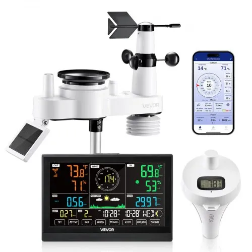 VEVOR 7-in-1 WLAN-Wetterstation mit APP, 7,5-Zoll-Display, solarbetriebener Außensensor, mit Poolthermometer, Regenmesser, Wettercenter für Wettervorhersage, Windgeschwindigkeit, Pooltemperatur VEVOR 7-in-1 WLAN-Wetterstation mit APP, 7,5-Zoll-Display, solarbetriebener Außensensor, mit Poolthermometer, Regenmesser, Wettercenter für Wettervorhersage, Windgeschwindigkeit, Pooltemperatur