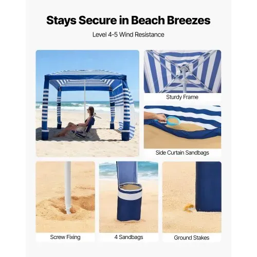 VEVOR Strand-Cabana, 2,4 x 2,4 m Strandüberdachung mit Seitenwand, UPF 50+ Sonnenschutz, Cabana mit Sandsäcken, höhenverstellbarer & tragbarer Sonnenschutz für Familie, marineblaue Streifen – Bild 2