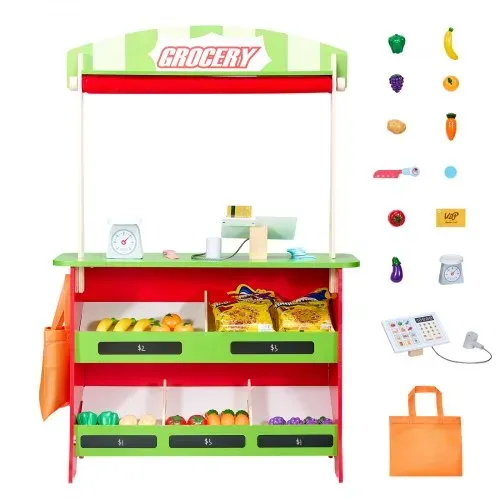 VEVOR 2-in-1 Spielset Puppentheater aus Holz mit Vorhängen, Kaufmannsladen, doppelseitiges Holzspiel mit Tafel und Registrierkasse, Marktstand zum Rollenspiel für Kinder ab 3 Jahren – Bild 10