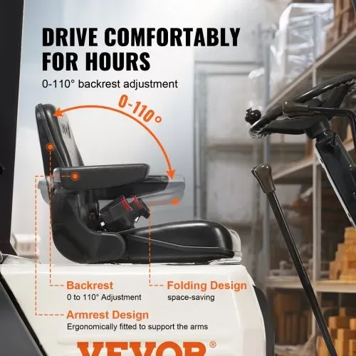 VEVOR Universal Traktorsitz aus PVC-Kunstleder und Polyurethanschaum Traktor Schleppersitz mit verstellbarer Rückenlehne und Mikro-Sicherheitsschalter Fahrersitz mit Armlehnen und Sicherheitsgurt – Bild 2