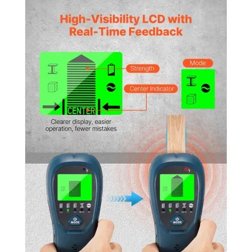 VEVOR Balkenfinder, Wandscanner, 5-in-1, elektronischer Multidetektor mit intelligentem Sensor, hochauflösendem LCD-Display & Audioalarm, für Metall, Wechselstromkabeln, Balken, Rohren, Blau – Bild 3