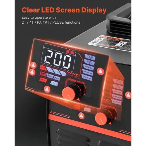VEVOR Schweißgerät 3-in-1 Kombi, Schneiden/WIG/MMA, 50-A-Plasmaschneider & 200-A-WIG-Elektrodenschweißgerät, LED-Digitalanzeige mit 2T/4T/PA/PT-Funktion für Heimwerkerarbeiten & Werkstätten – Bild 4