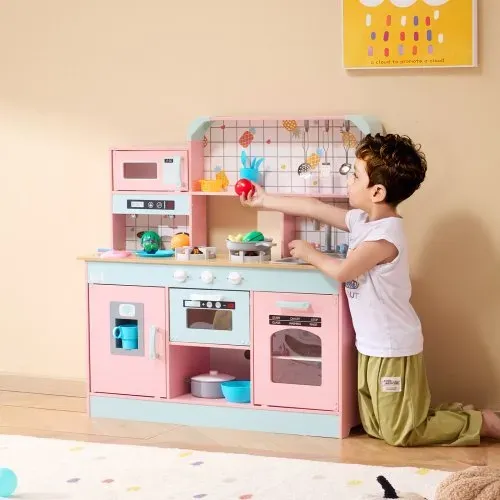 VEVOR Spielküche für Kinder, Holzspielzeug-Küchenset mit Lichtern und Geräuschen, Kleinkinderküche mit Eismaschine, Ofen, Spüle, Mikrowelle, Kühlschrank und Utensilien- und Obstzubehör für Kleinkinder im Alter von 3–8 Jahren, Rosa – Bild 7