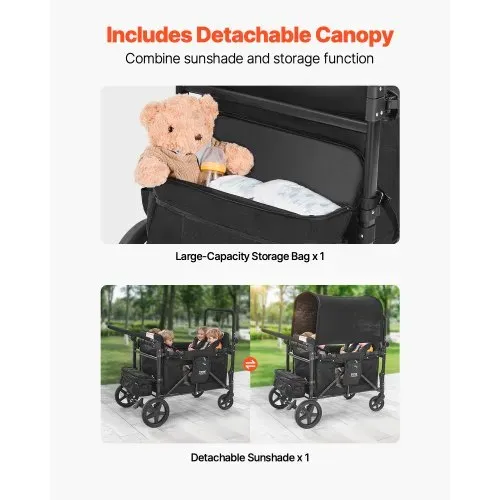 VEVOR 4-Sitzer-Kinderwagen, faltbarer Push-Pull-Kinderbuggy mit verstellbarem Griff, 5-Punkt-Sicherheitsgurt & abnehmbarem Verdeck, Bollerwagen für Camping, Schwarz (150 kg Tragkraft) – Bild 4
