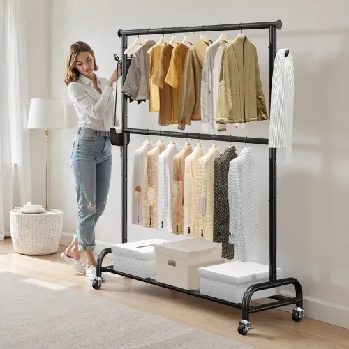 VEVOR Kleiderständer Garderobenständer rollbar mit verstellbarer Querstange & seitlichen Haken, 150 kg belastbar, robuster Kleiderständer aus Karbonstahl für Schlafzimmer Waschküche Wohnzimmer – Bild 7