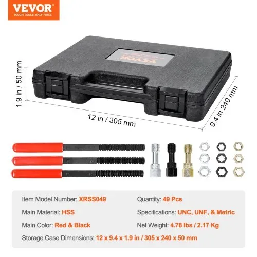 VEVOR 49-teiliges Gewindefräser-Set UNC UNF & metrisches Gewindewiederherstellungswerkzeug, Nachgewinde-Werkzeugsatz mit Gewindebohrern Schneideisen Gewindefeilen für Mechaniker und Heimwerker – Bild 6