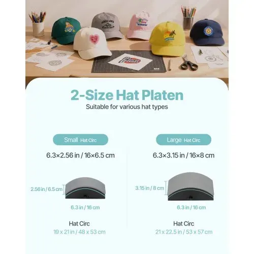 VEVOR Hutpresse mit 2 austauschbaren Platten (16 x 6,5 cm / 16 x 8 cm), Hut-Hitzepresse mit präziser Temperatur- und Zeitregelung, Mützenpresse Heat Press für Kappen Stirnbänder Gesichtsmasken – Bild 2