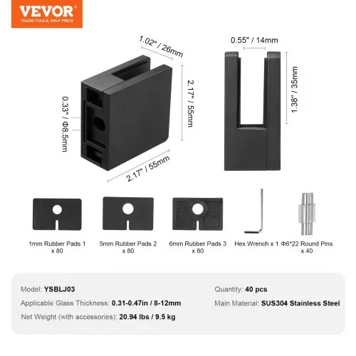 VEVOR Glasklemme 40 Stk. Quadratische Geländerhalterung 0,8-1,2cm Schwarz – Bild 6