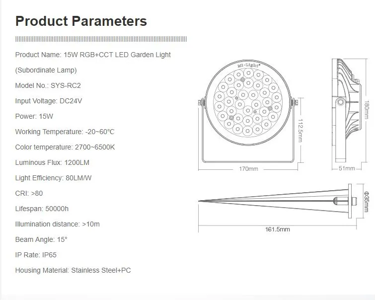 MiBoxer SYS-RC2 LED Subordinate Garten Lampe 15W RGB-WW (RGB-CCT) mit Funk und WLAN IP65 24V – Bild 3