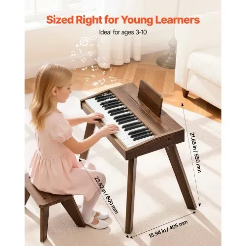 VEVOR Kinder Keyboard, 37 Tasten, Digitalpiano aus Holz für Kinder ab 3 Jahren, Mini-Musikinstrument-Spielzeugset mit Hocker, Realistischem Klang, Dual-Power, Einstellbarer Lautstärke, Walnuss – Bild 2